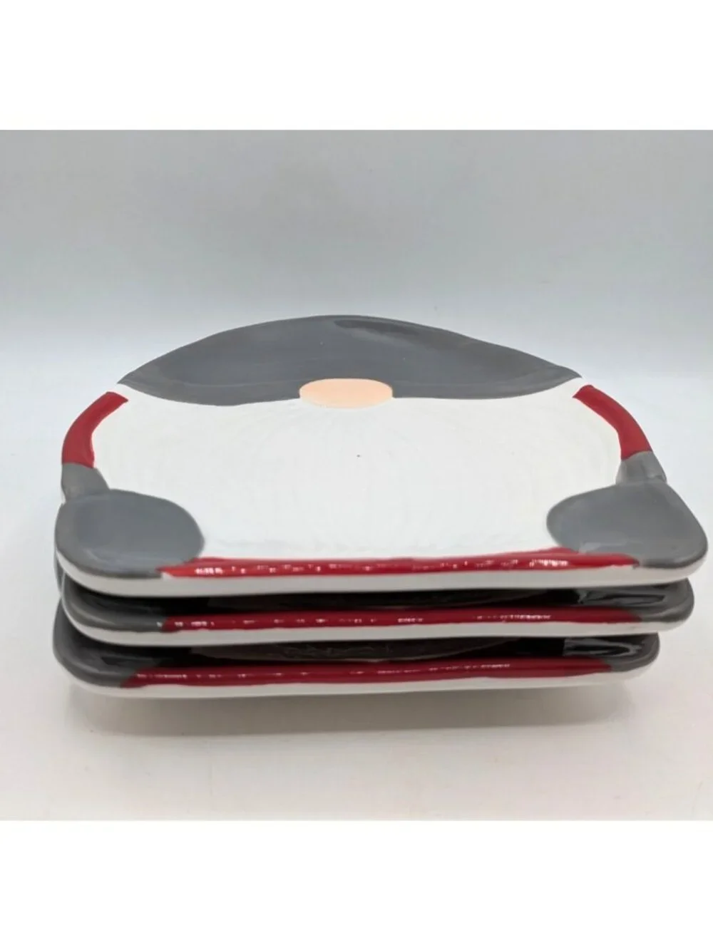 Pottery Barn Figural Gnome Shaped Ceramic Plates Set of 3 Salad Dessert Red Grey